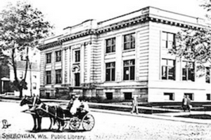 Black and white photo of old Mead Carnegie Library building