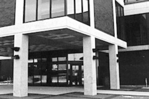 Black and white photo of new MPL building entrance