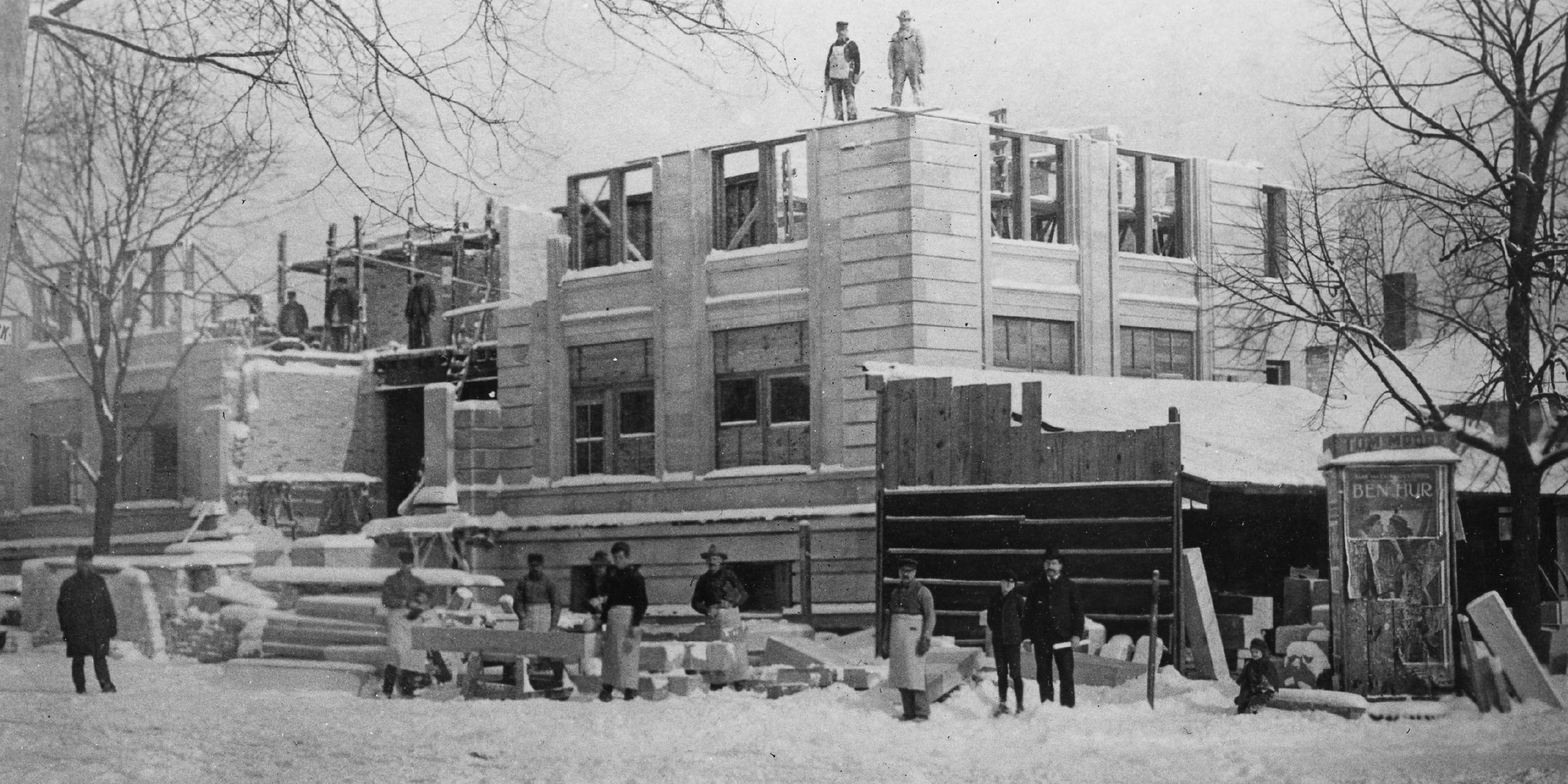 A photo of construction workers working on the library building in 1903.