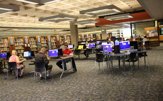 A photo of computer workstations on the second floor.