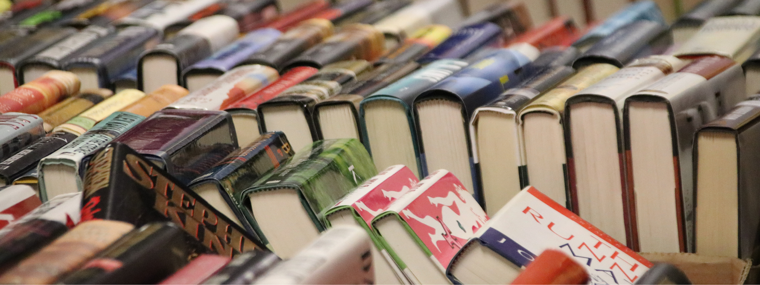 A closeup photo of books for sale from the Friends of Mead Library.