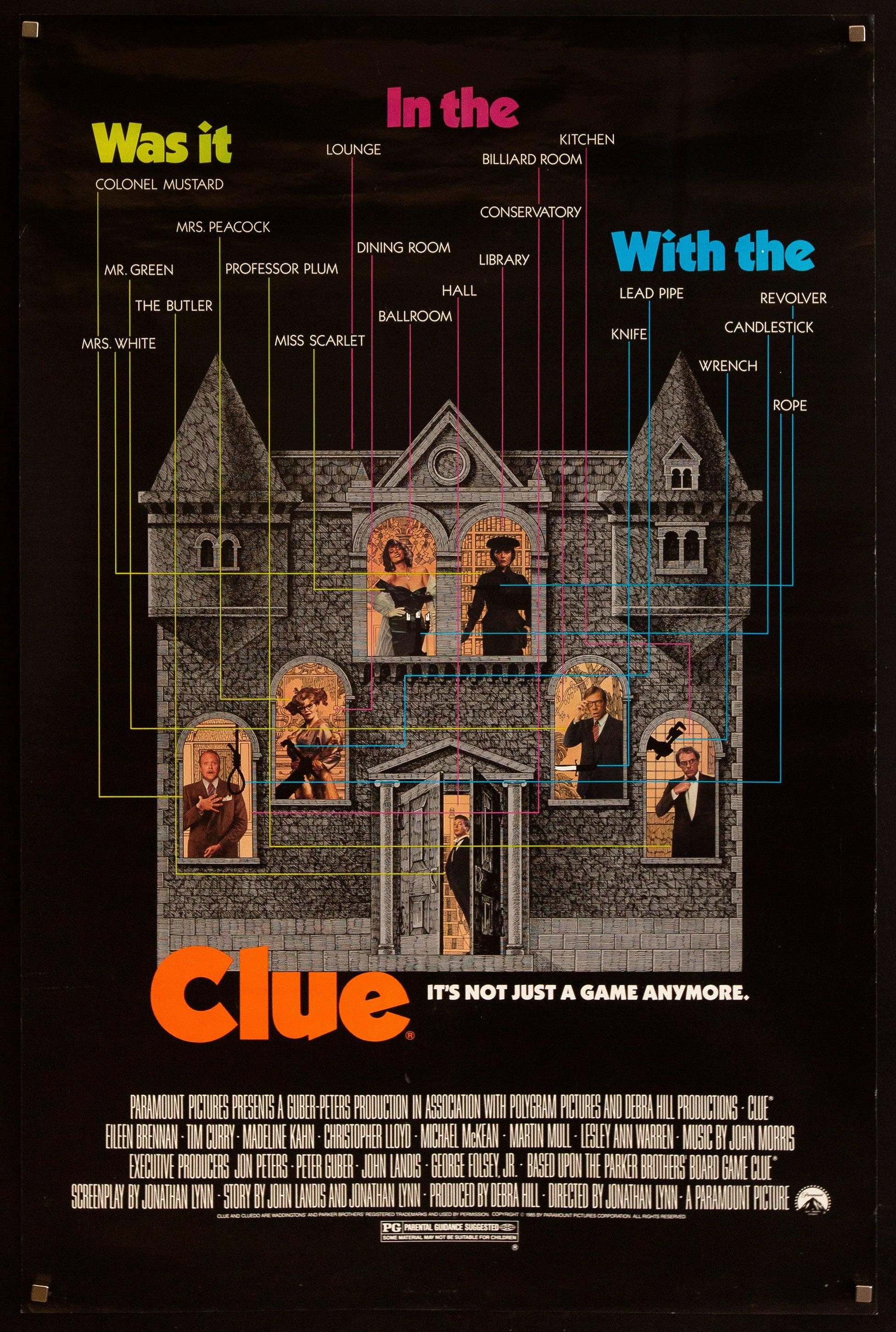 movie poster of Clue featuring a schematic view of a mansion with the cast of characters visible within
