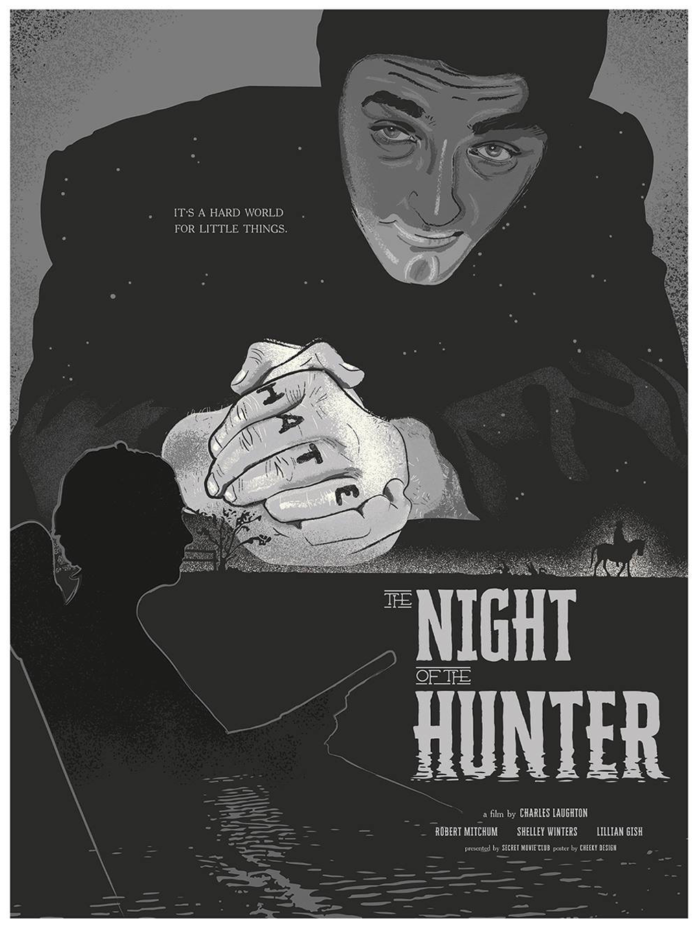 Night of the Hunter movie poster featuring an illustrated Robert Mitchum leaning forward as well as the silhouette of granny in her rocker wielding a shotgun. Iconic. 