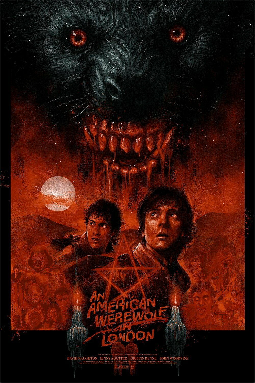 Super badass poster of American Werewolf in London movie featuring the two leads looking over their shoulders with the werewolf superimposed above the actors. So badass tbh. 