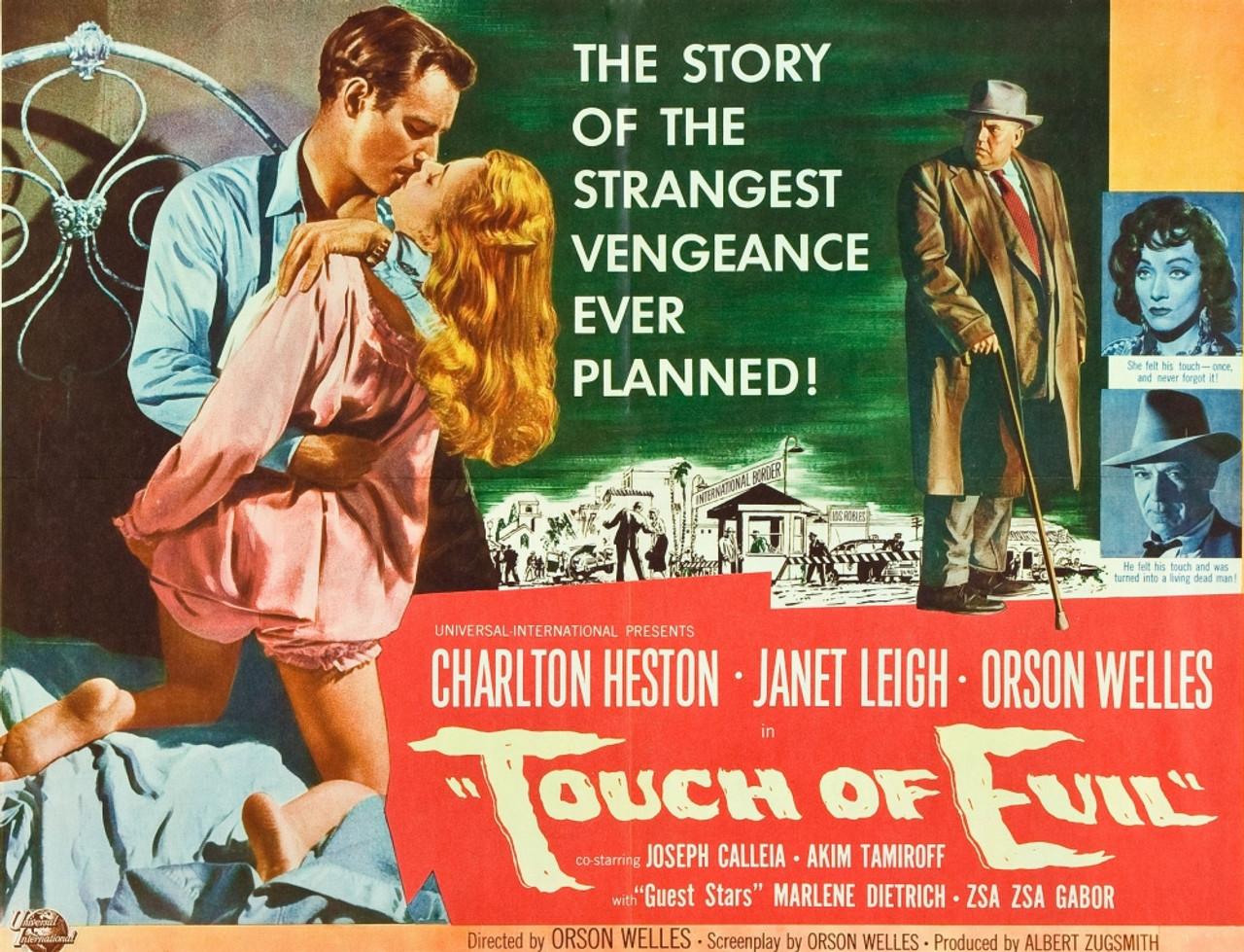 Touch of Evil movie poster featuring Charlton Heston embracing Vivian Leigh wh