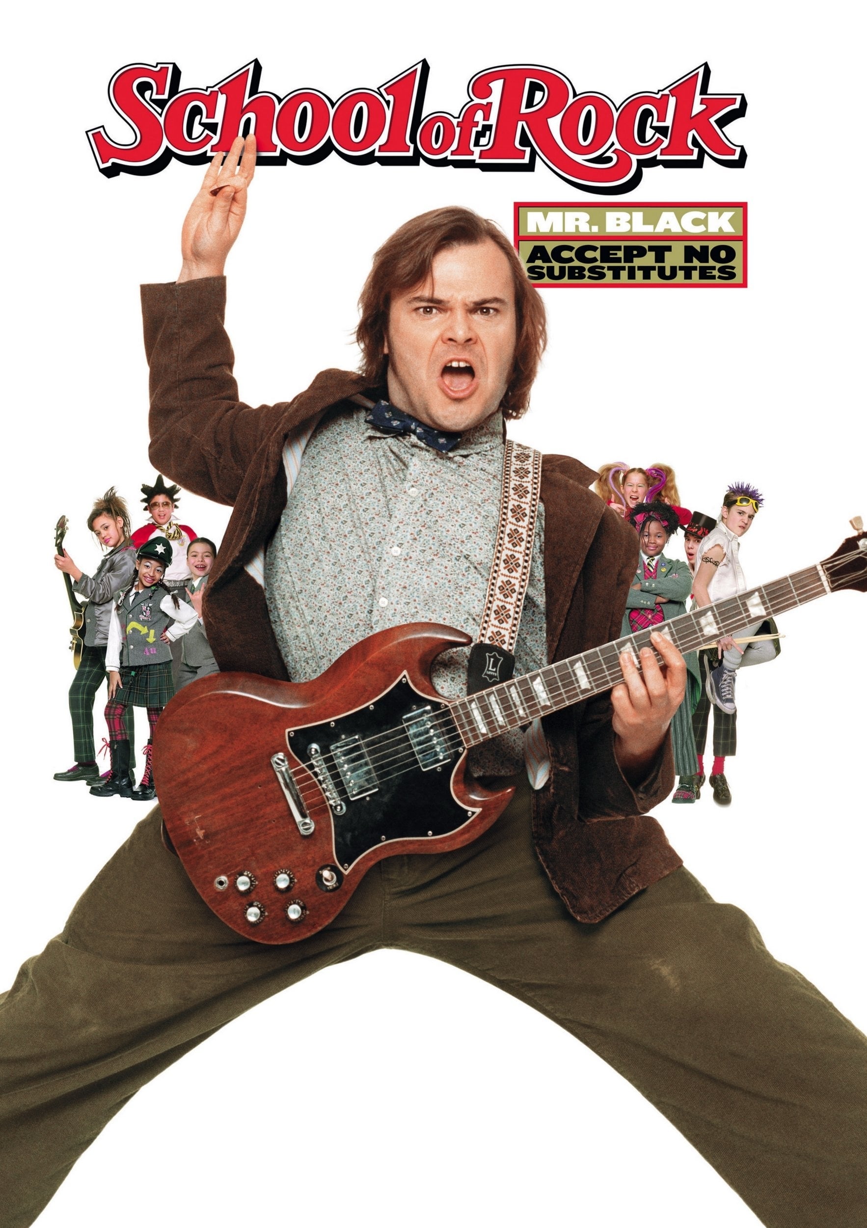 Movie poster for School Of Rock featuring Jack Black, guitar, and iconic Rolling Stone magazine font spelling out movie title