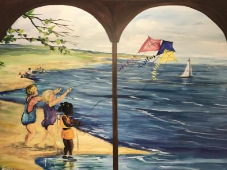 Joyce Winter mural: children flying kits by lake shore