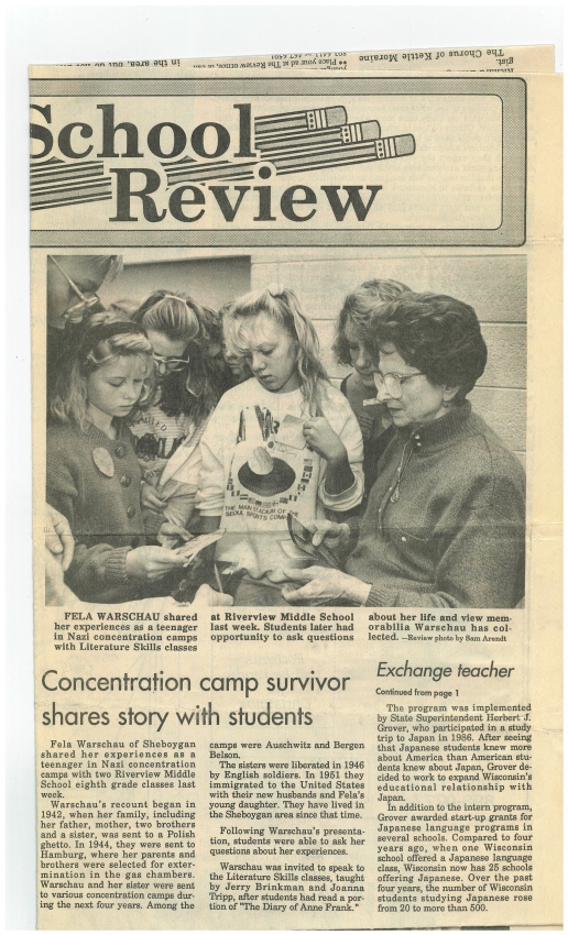 Concentration Camp Survivor Shares Story with Students plus photo of Fela Warschau and students