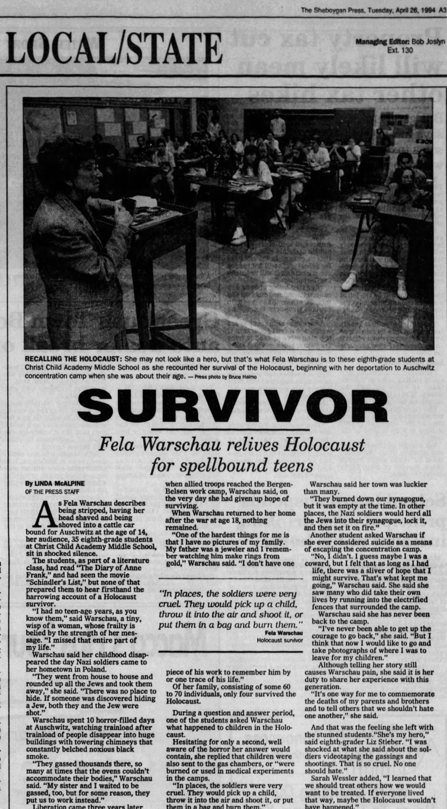 Fela Warschau Relives Holocaust for Spellbound Teens and photo of Fela Warschau