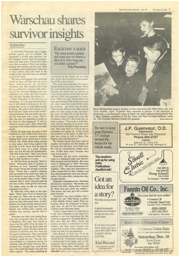 Article- "Warschau Shares Survivor Insights" photo of Fela Warschau and children