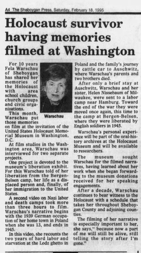 Article- "Holocaust Survivor Having Memories Filmed at Washington"