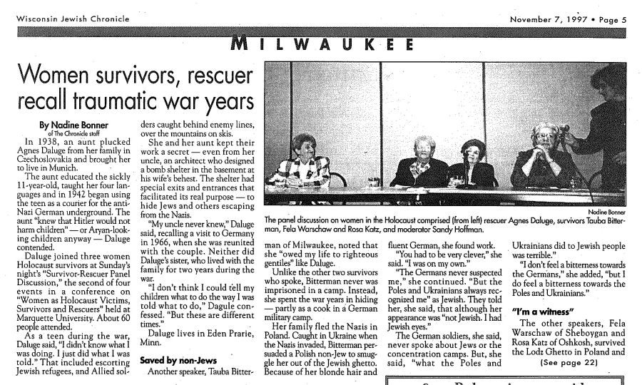 Article- "Women Survivors, Rescuer Recall Traumatic War Years" page 1