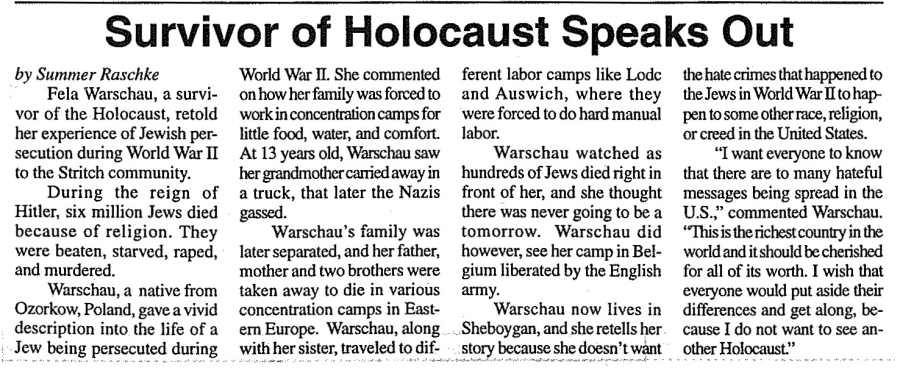 Article- Survivor of Holocaust Speaks Out