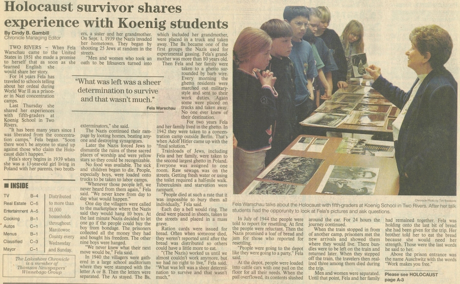 Article- "Holocaust Survivor Shares Experience with Koenig Students" with photo of Fela Warschau