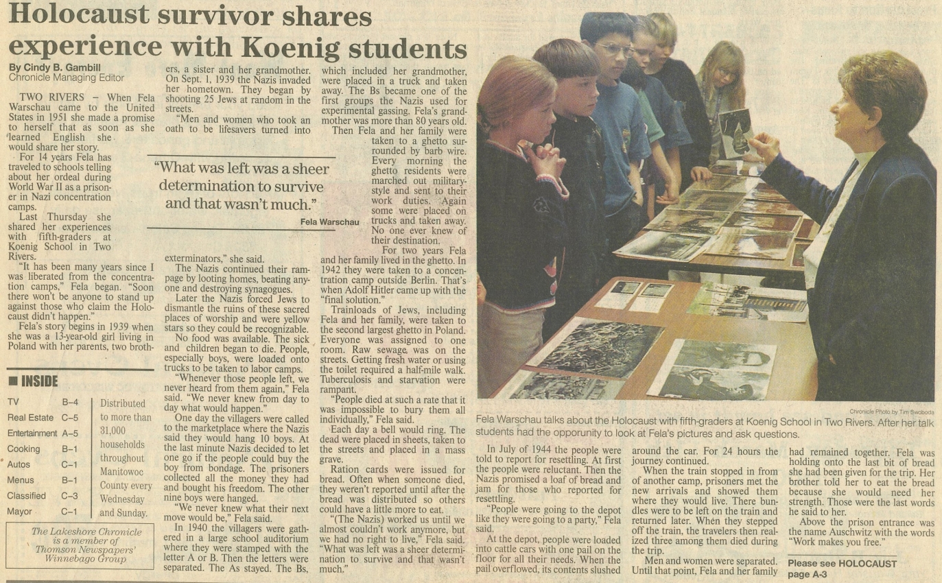 Article- "Holocaust Survivor Shares Experience with Koenig Students" with photo of Fela Warschau