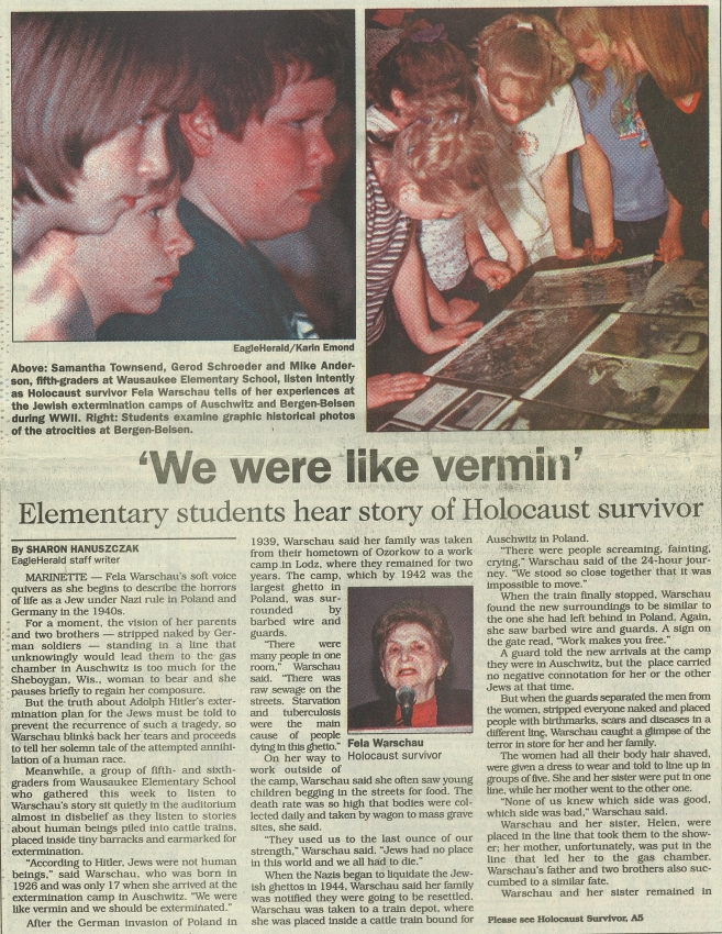 Article and picture of students and Fela Warschau