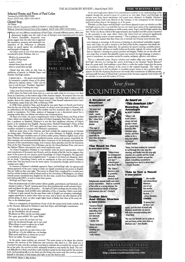 Book review of Selected Poems and Prose of Paul Celan" and "Glottal Stop"