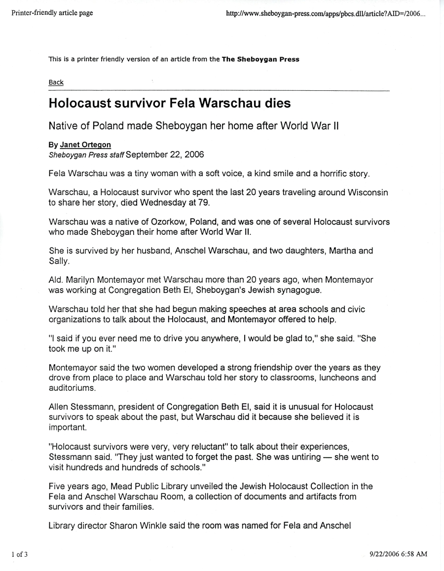 Article- Holocaust Survivor Fela Warschau Dies