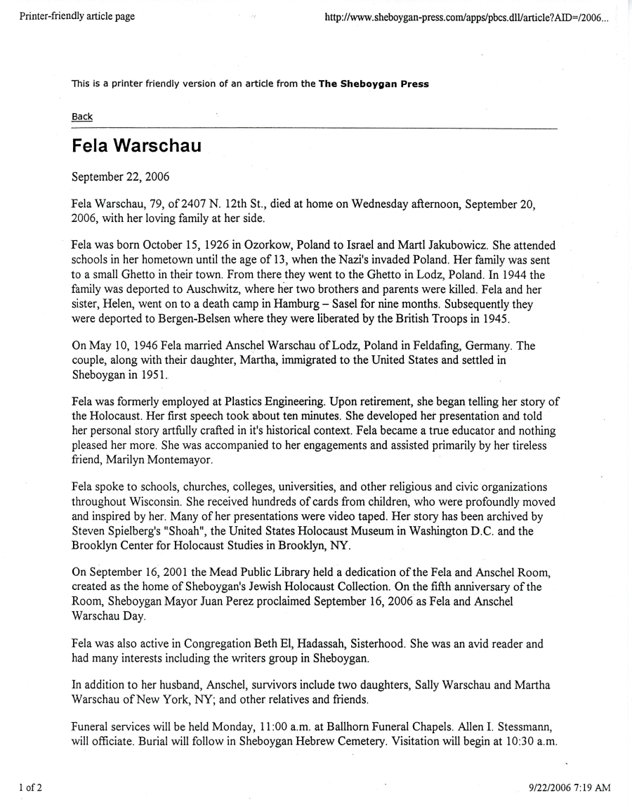 Fela Warschau Obituary