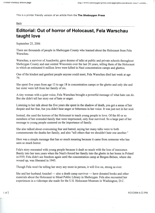 Editorial- Out of Horror of Holocaust, Fela Warschau Taught Love p1