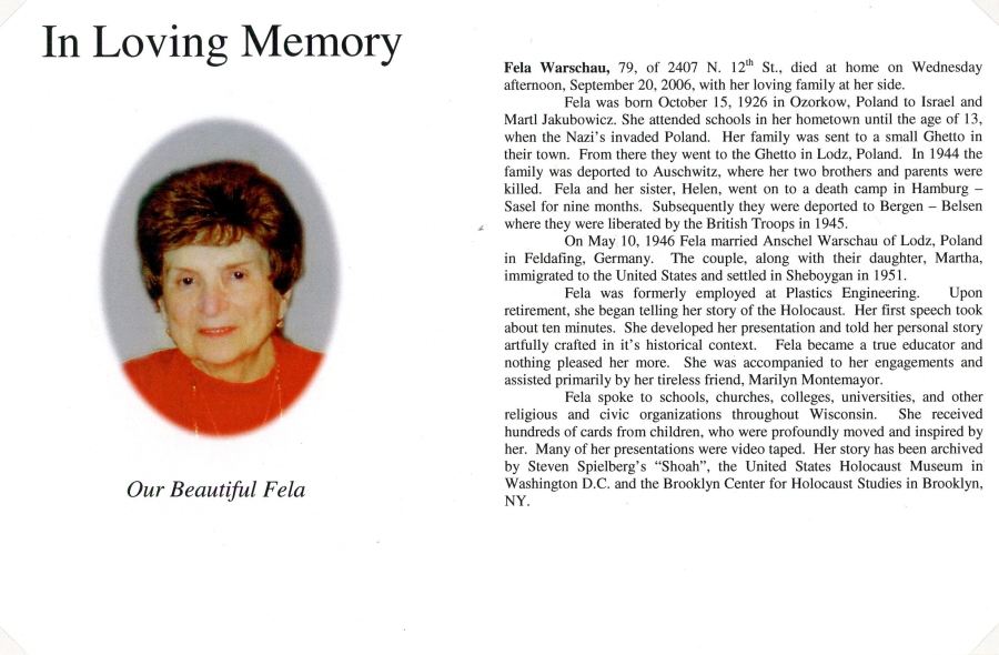 Fela Warschau Memorial Program page 1
