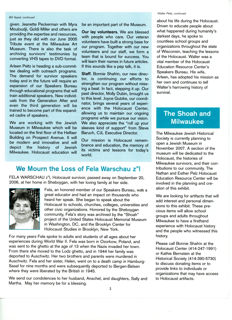 Newsletter article about loss of Fela Warschau