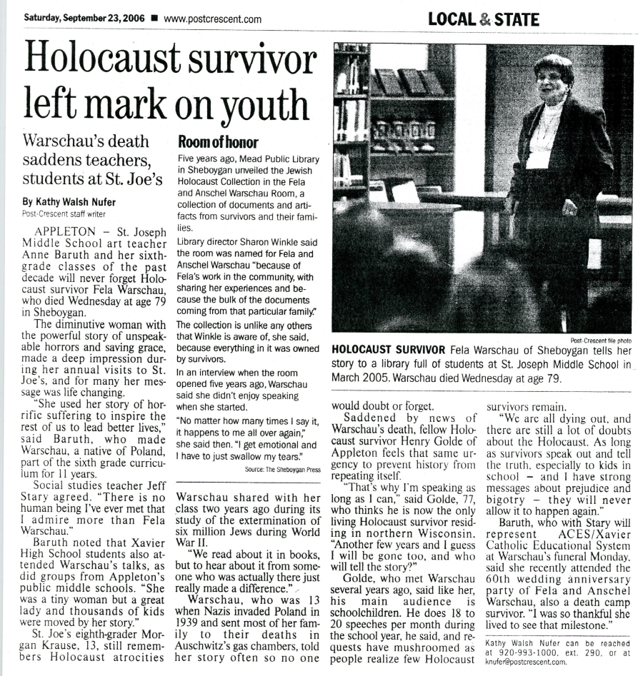 Article- "Holocaust Survivor Left Mark On Youth"