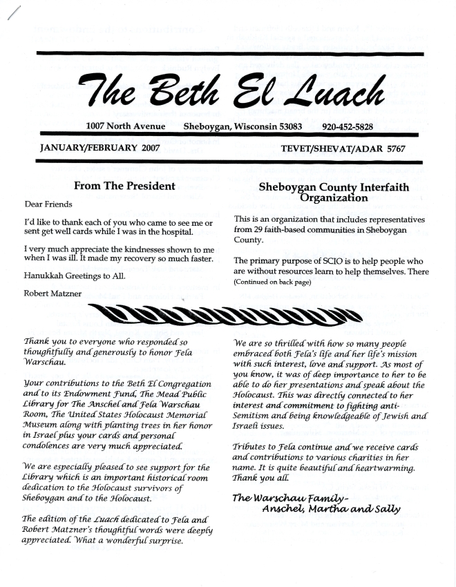 Article- Family Thank You For Memorials Honoring Fela Warschau