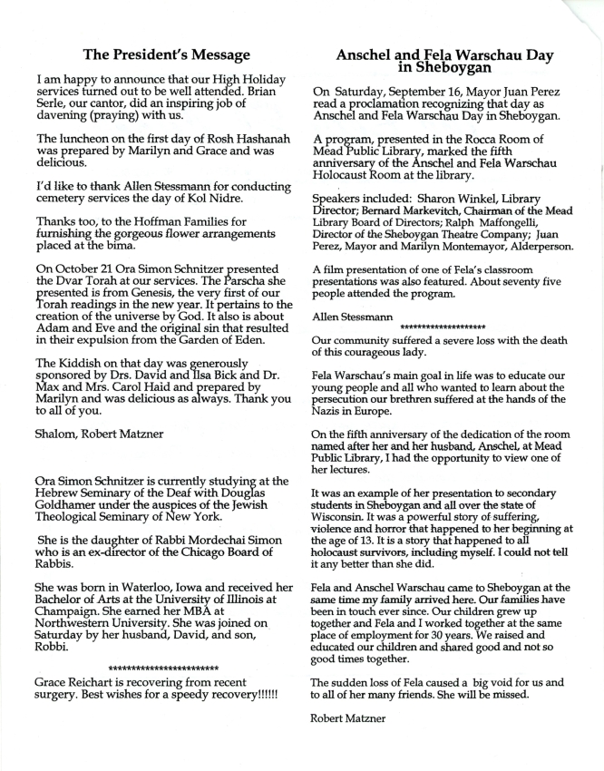 Article- Anschel And Fela Warschau Day in Sheboygan