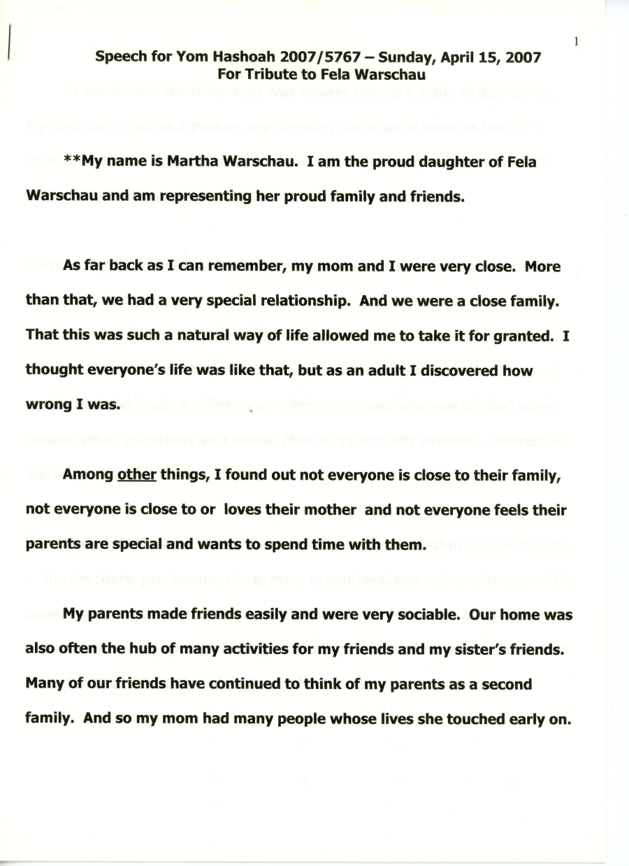Page 1 of speech- tribute to Fela Warschau