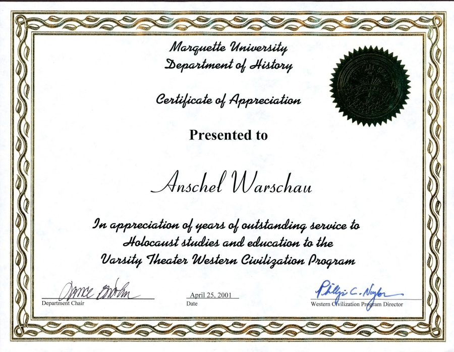 Certificate of Appreciation Presented to Anschel Warschau 