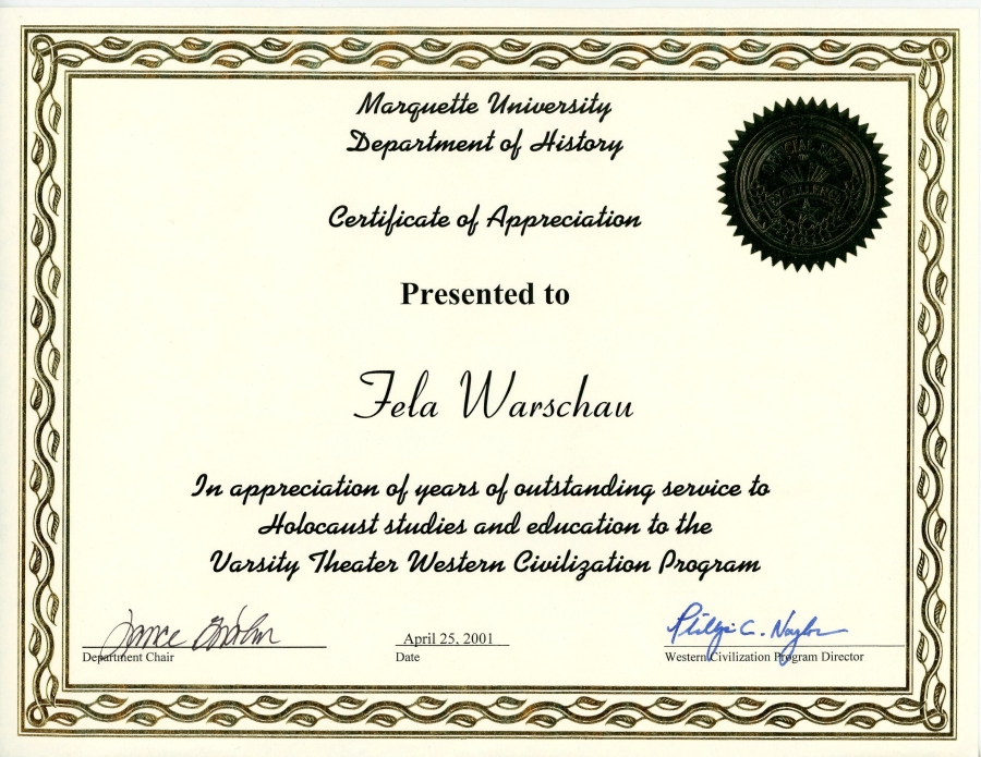 Certificate of Appreciation Presented to Fela Warschau 