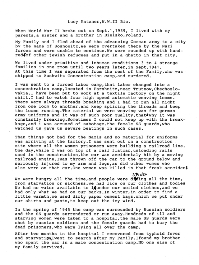 Lucy Matzner W.W.II Bio