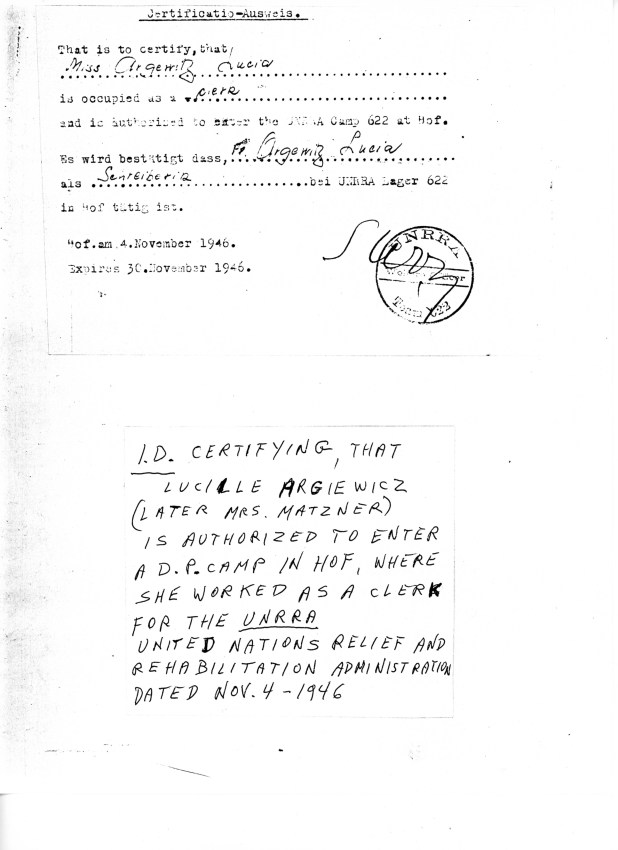 United Nations Relief & Rehabilitation Administration Employee Pass for Lucille Argiewicz 