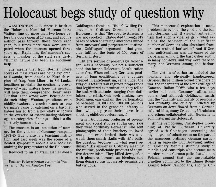 . Holocaust Begs Study of Question Why