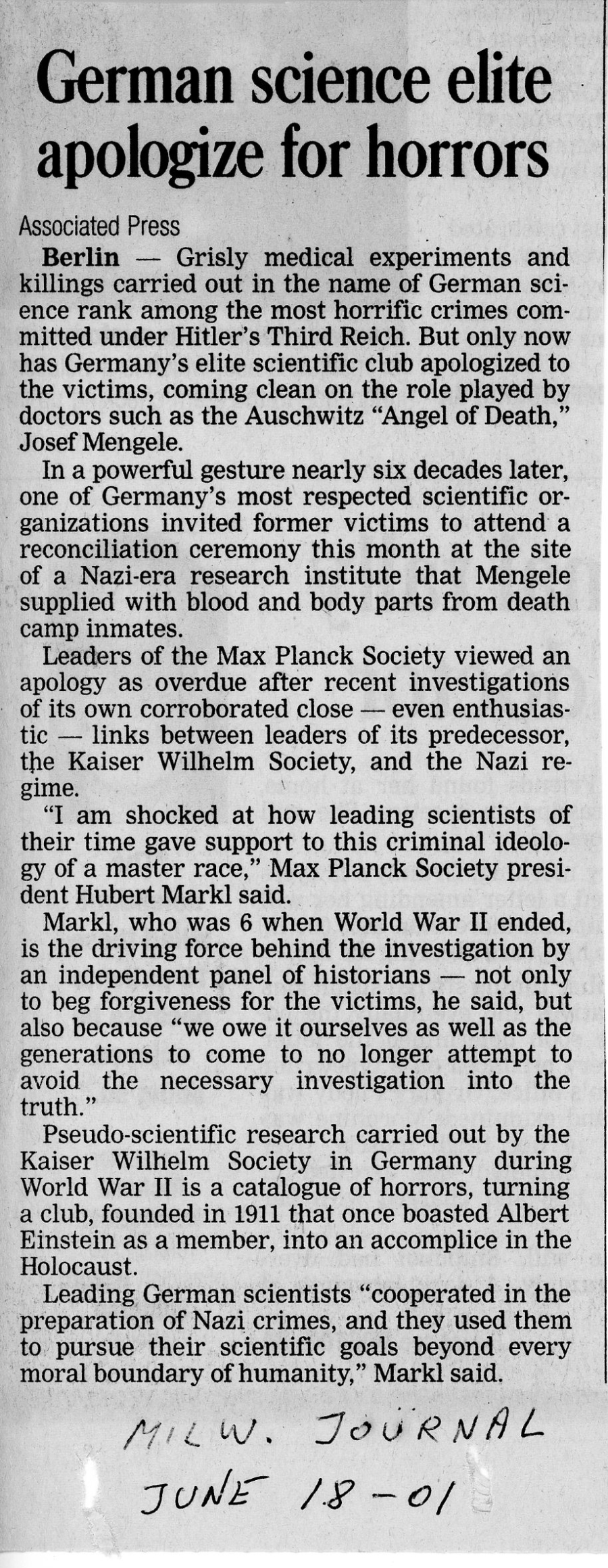 German Science Elite Apologize for Horrors