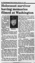 Article- "Holocaust Survivor Having Memories Filmed at Washington"