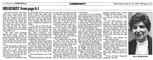 Article- "Holocaust Survivor Shares Experience with Koenig Students" with photo of Fela Warschau