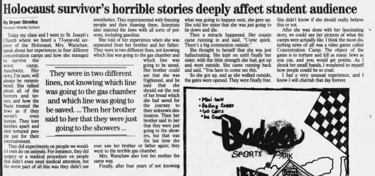 Article- "Holocaust Survivor's Horrible Stories Deeply Affect Student Audience